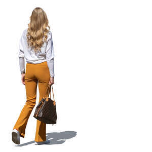 woman with long blonde hair walking