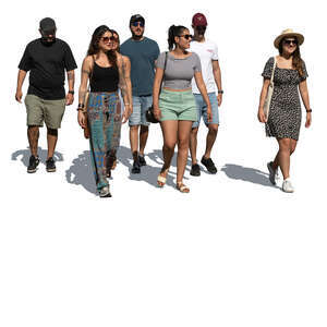 group of seven people walking in summer