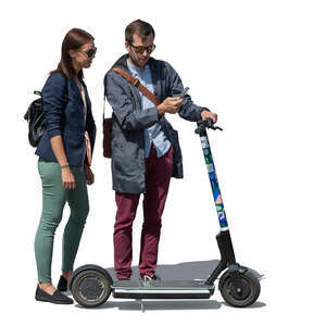 man and woman standing and renting and electric scooter