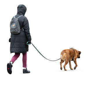 woman in a hooded jacket walking a dog