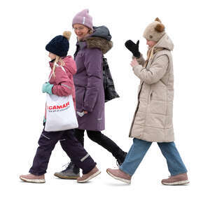 woman and two kids walking in winter