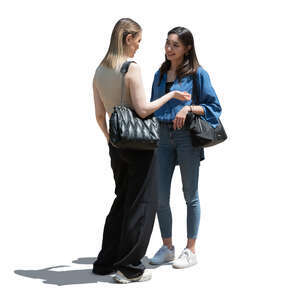 two cut out backlit women standing and talking