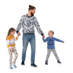 father with two kids walking happily