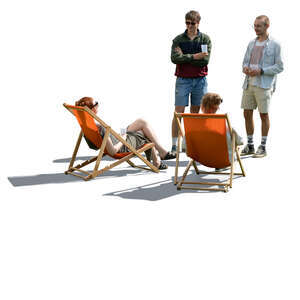 two men talking to two girls sitting in garden chairs