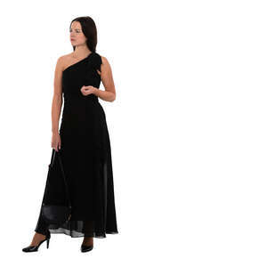 woman in a long black party dress standing