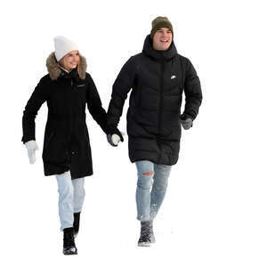 couple in winter running hand in hand