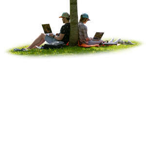 two people with computers sitting under a tree