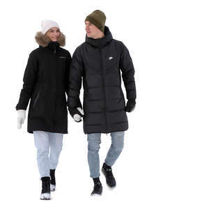 couple walking hand in hand on a snowy winter day