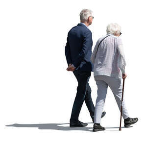 elderly couple with a walking stick walking
