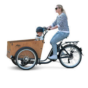 woman riding a cargo bike with her daughter