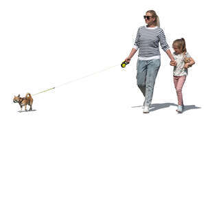 mother and daughter walking with a small dog