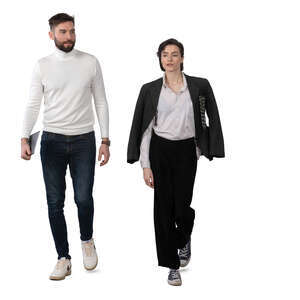 man and woman in black and white outfits walking