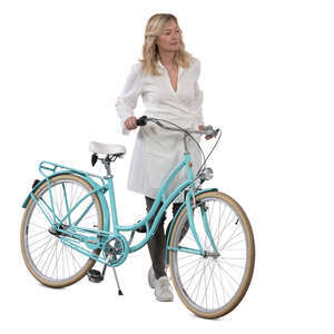 woman with a light blue bicycle walking