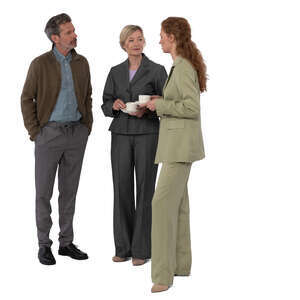 group of three people at office standing and drinking coffee