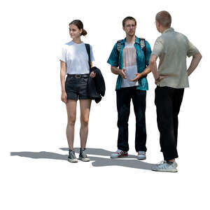 group of three people standing in tree shade