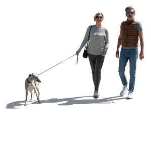 backlit man and woman walking a dog