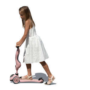 girl in a white dress riding a scooter