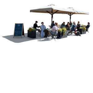 backlit outdoor cafe scene with people eating and drinking