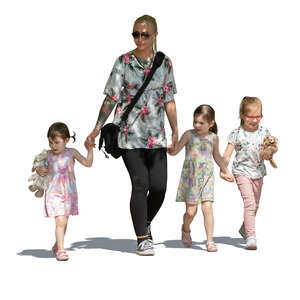 woman with three girls walking hand in hand in tree shade