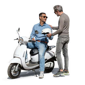 man with a motor scooter talking to a friend