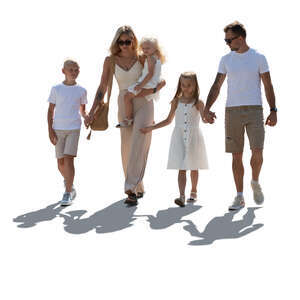 backlit family with three kids walking