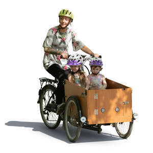 woman with kids riding a cargo bike in partial sunlight