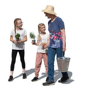 grandmother and grandchildren doing gardening work