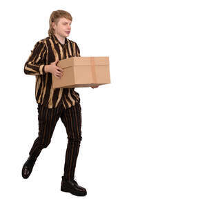 man walking and carrying a cardboard box