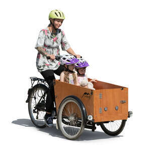 woman with two kids riding a cargo bike