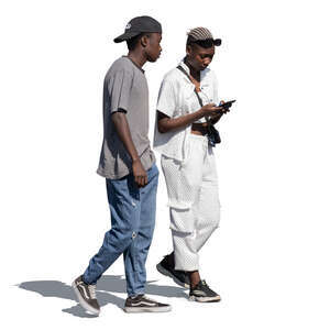 black man and woman walking and looking smth on the phone