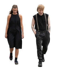 man and woman in black walking side by side