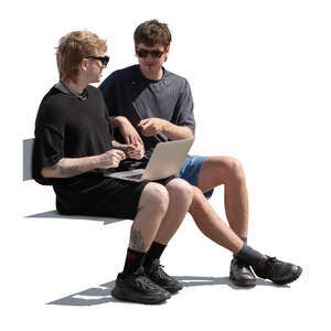 two young men with laptop sitting and talking