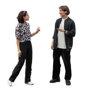 man and woman standing and talking happily