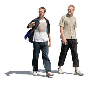 two young men walking and pointing at smth