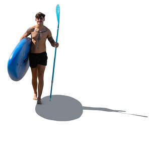 man with a paddle board walking on the beach