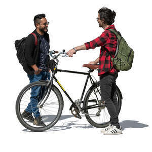 man with a bicycle stopping and talking to a friend