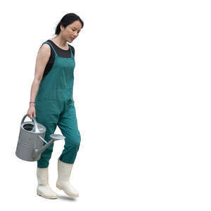asian woman with a watering can walking 