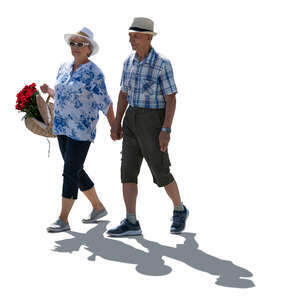 backlit elderly couple walking hand in hand