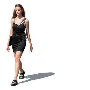 woman in a black mini dress walking