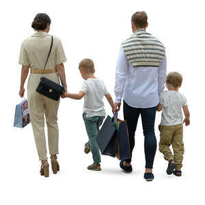 family with kids and shopping bags walking