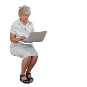 grey haired woman sitting and working with a computer