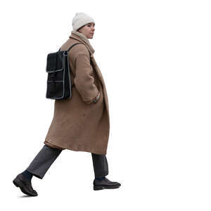 woman with a brown overcoat walking