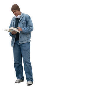 woman standing and reading a book