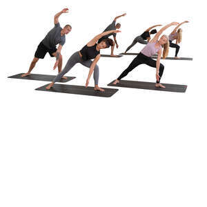 three people doing yoga exercises in front of the mirror