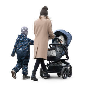 woman with a child and a baby stroller walking