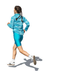 woman in blue workout clothes jogging