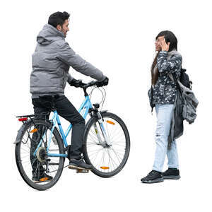 man with a bike talking to his girlfriend