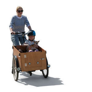 woman riding a cargo bike and her daughter sitting in the box with her dog