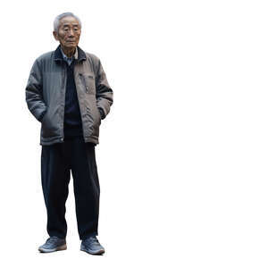 old asian man in a brown jacket standing