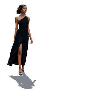 backlit woman in a black dress walking